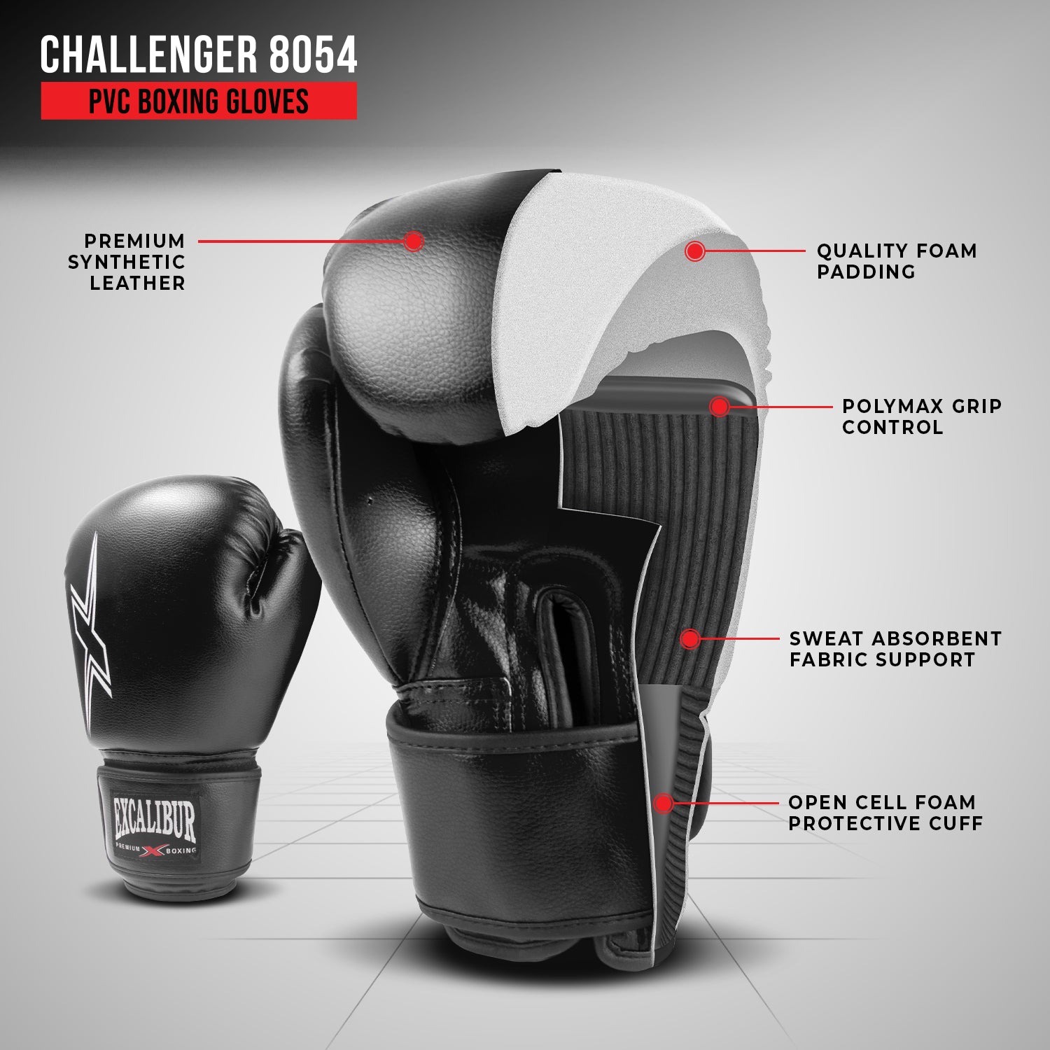 Excalibur CHALLENGER 8054 Premium PVC Boxing Gloves - Black